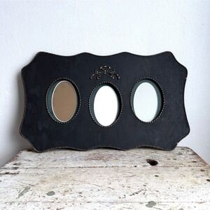 Antique Triple Oval Photo Frame Eastlake Scalloped Black Gold Wood Wall Decor